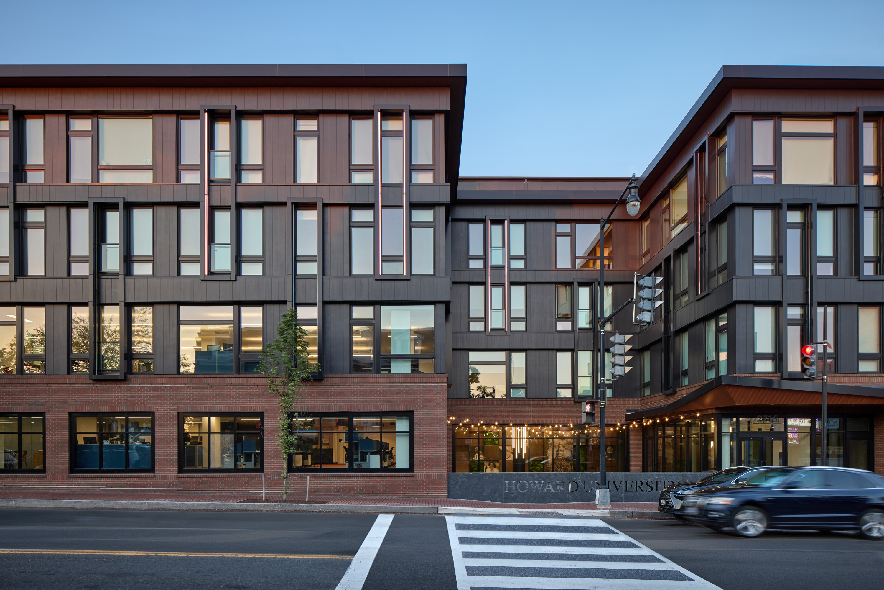 The facade of The Oliver is inspired by woven African textiles. 